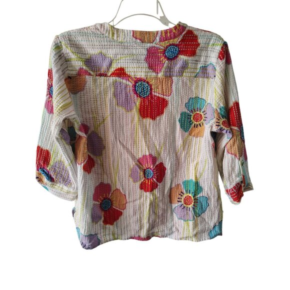 Tru Luxe Jeans Large, XL Blouse Top, Flower Boho Art to Wear Roll Tab Sleeve - Picture 3 of 7